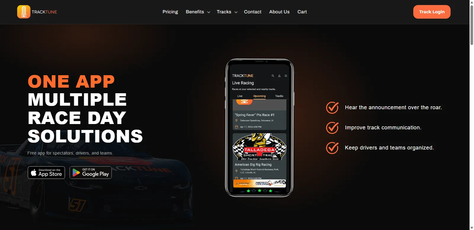 TrackTune Shopify website redesign for live race announcer audio