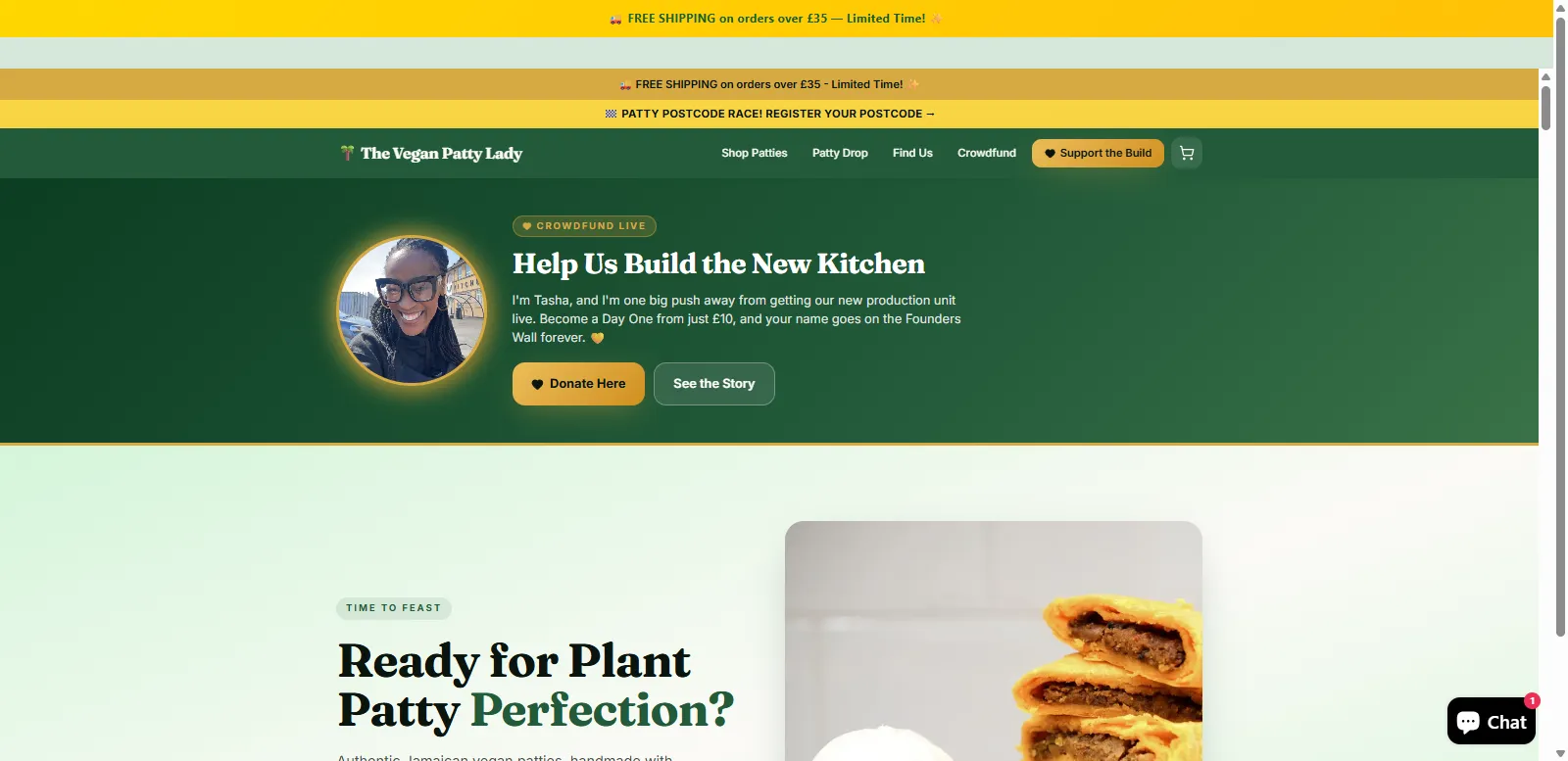 The Vegan Patty Lady Shopify campaign page for authentic Jamaican vegan food